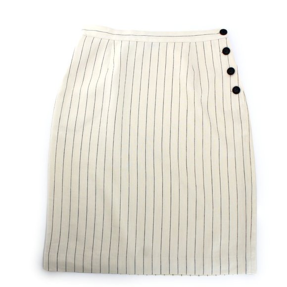 Ralph Lauren Linen Wool Straight Skirt Side Buttons Navy Cream Stripe - Picture 3 of 9